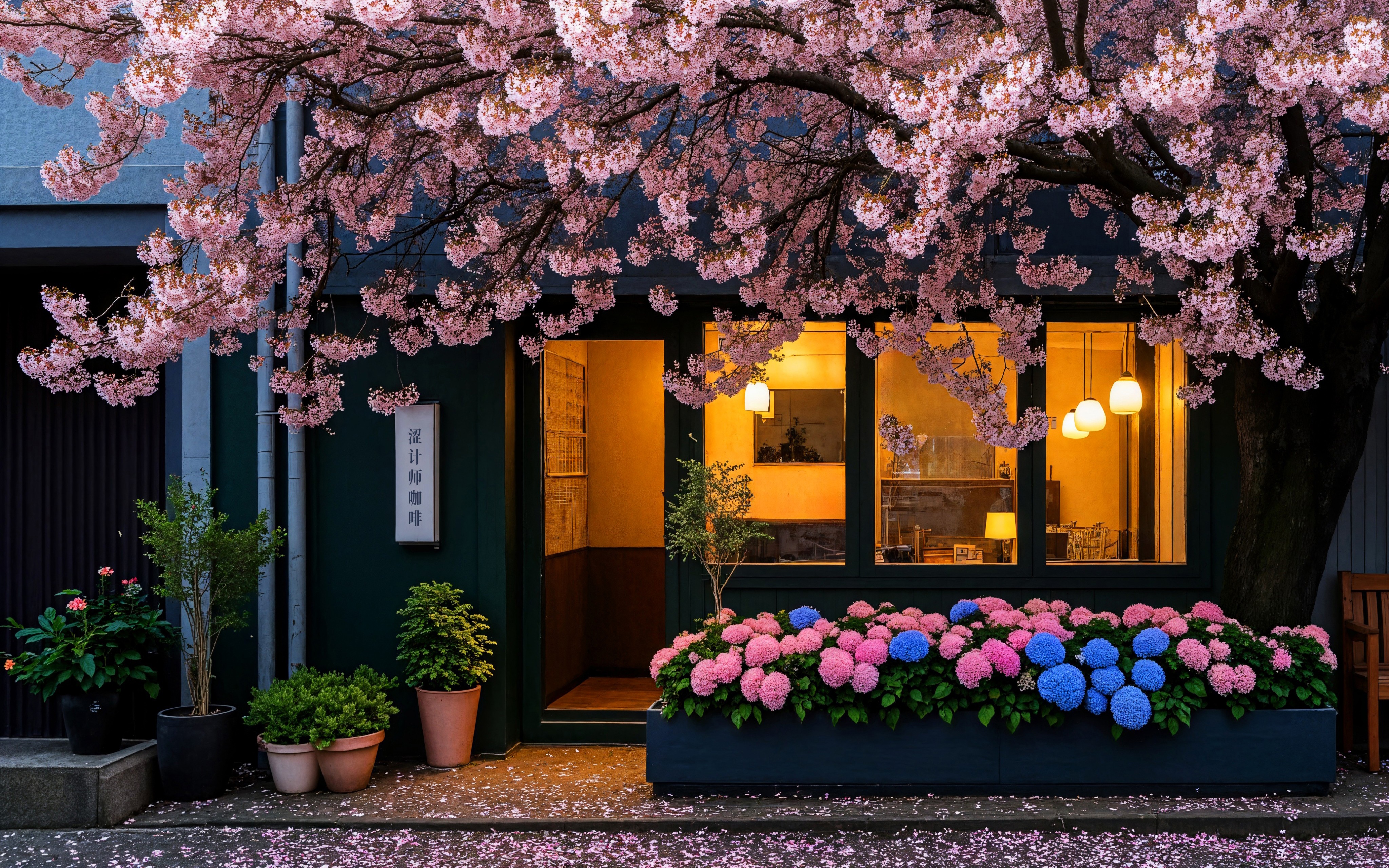 4k咖啡店樱花树日系街道壁纸-小P的个人笔记